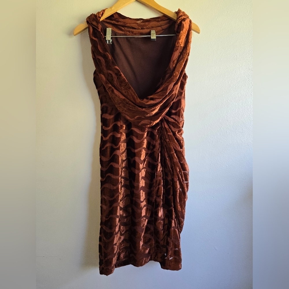 Eva Franco, Gozelle Cowl Lowback Neckline Dress,‎ Brown Velour, Size 2 - Picture 2 of 10